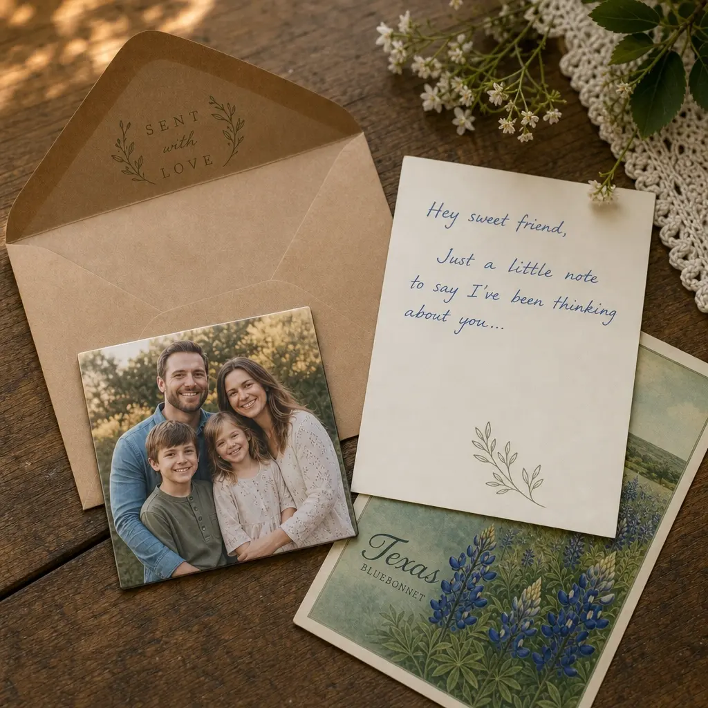 What arrives inside each envelope: a photo magnet, handwritten notecard, and nature postcard