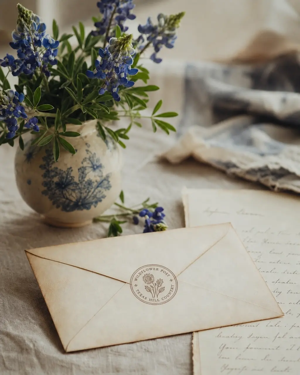 A sealed vintage envelope beside bluebonnet wildflowers and a handwritten letter