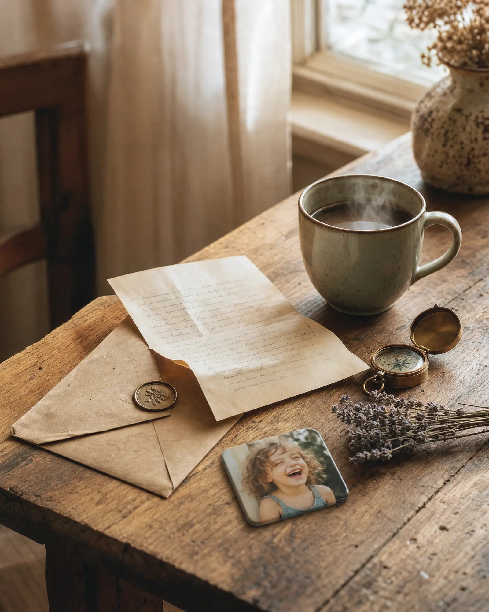 A cozy wooden table with a handwritten letter, coffee mug, and photo magnet