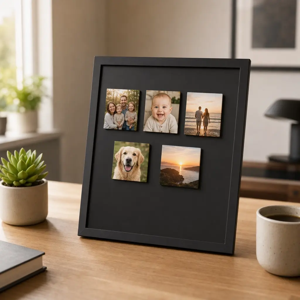 A beautiful oak and brass Magnet Frame Board displaying monthly photo magnets