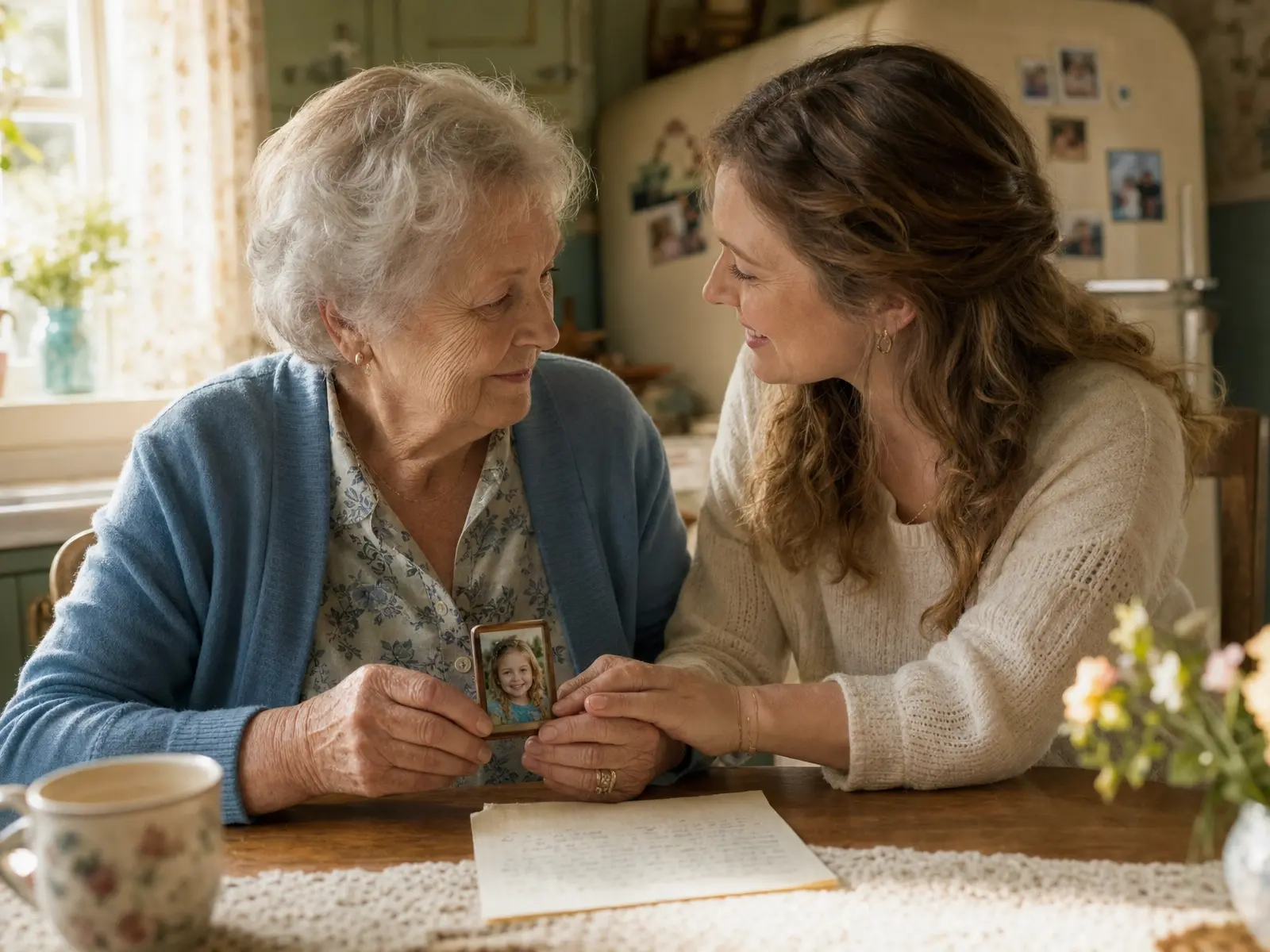 Two generations of hands tenderly holding photo magnets and a handwritten letter