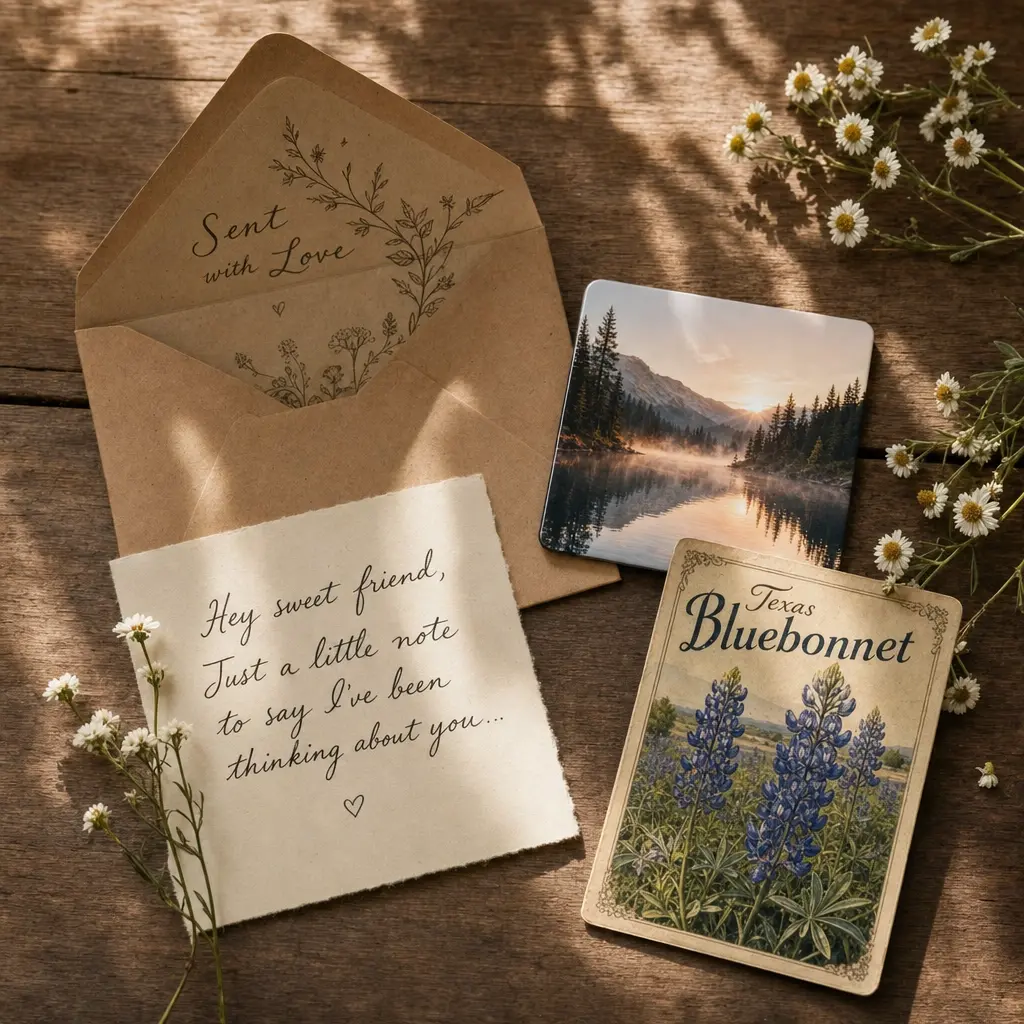 What arrives inside each envelope: a nature photo magnet, reflective letter, and postcard