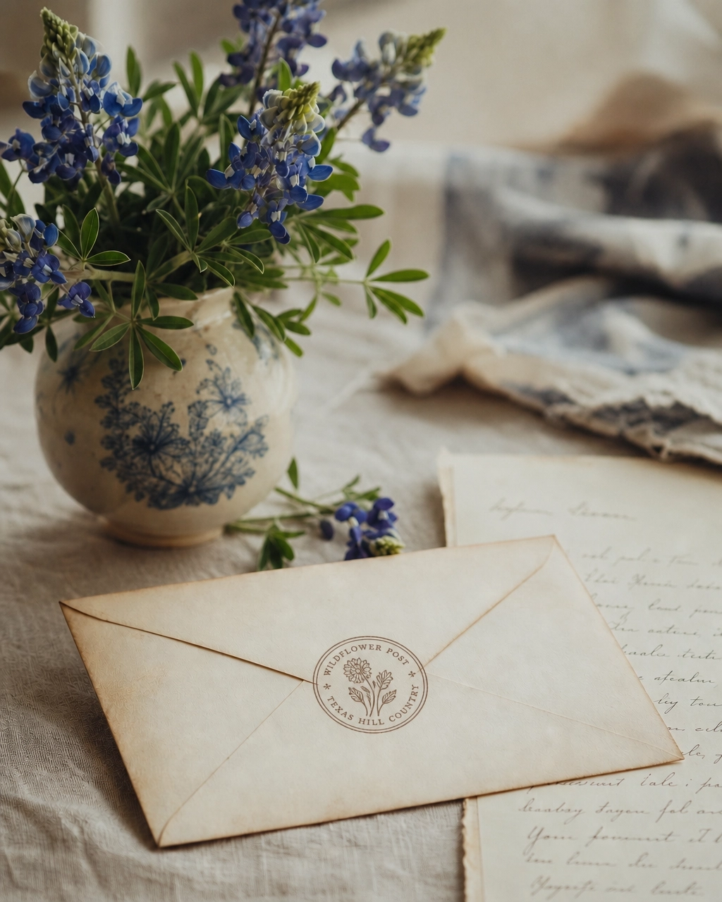 A sealed vintage envelope beside bluebonnet wildflowers and a handwritten letter